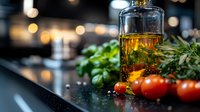 Fresh cherry tomatoes and herbs with olive oil bottle on dark kitchen counter, moody lighting and bokeh background creates culinary atmosphere.