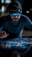 Caucasian man with beard wearing futuristic glowing headset interacts with holographic city map display in dark room, illuminated by blue technological interface.