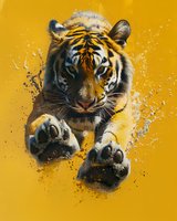 Majestic Bengal tiger leaping through water splash against vibrant yellow background, dramatic action shot showing power and strength in motion.