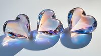 Crystal glass hearts with rainbow light reflections casting blue shadows on white surface, romantic decorative elements for Valentine's day and wedding designs.
