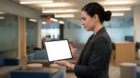 Businesswoman in dark blazer holding laptop with blank screen in modern office environment with glass partitions and contemporary lighting.