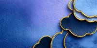 Elegant blue paper cut clouds with golden glitter edges on gradient blue background for festive greeting cards and luxury design projects.