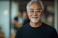 Senior Asian man with gray hair and beard wearing glasses and black sweater smiling warmly in office environment. Natural lighting creates professional atmosphere.