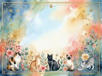 Watercolor frame with adorable cats and floral elements creating decorative border for pet-themed designs, greeting cards, and animal lover projects.