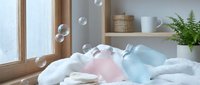 Soap bubbles floating over soft towels and toiletries in bright bathroom interior with natural light from window creating peaceful spa atmosphere.