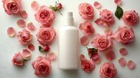 White cosmetic bottle mockup surrounded by fresh pink roses and scattered petals on light background, flat lay composition for beauty product presentation.