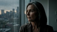 Mature woman with long dark hair and olive complexion, wearing business attire, gazing thoughtfully through rain-covered window with city skyline in background. Corporate professional portrait.