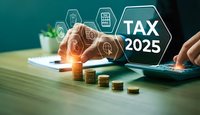 Business professional calculating taxes with digital interface showing TAX 2025 text and financial icons on modern workspace with coins and calculator.