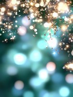 Magical sparkles and bokeh lights on turquoise background create dreamy atmosphere with glowing particles and starry effects for festive occasions.