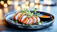 Sliced octopus tentacle garnished with microgreens served on dark ceramic plate with spicy dipping sauce against blurred bokeh lights background.