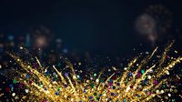 Explosive golden glitter particles burst upward against dark background with bokeh lights, creating festive celebration atmosphere for holiday and event design projects.