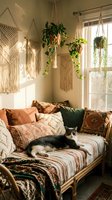 Cozy bohemian living room corner with macrame wall hangings, hanging plants, warm string lights, and cat resting on daybed with colorful textiles and pillows.