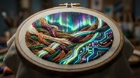 Embroidery hoop displaying colorful northern lights aurora borealis with flowing ribbons and geometric patterns in vibrant threads on fabric craft project.