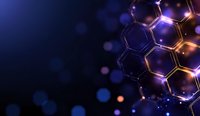 Glowing molecular structure with hexagonal shapes on dark blue background with bokeh effect and light reflections, suitable for science and tech designs.