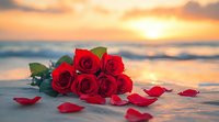 Red roses lying on sandy beach at sunset with scattered petals, ocean waves and golden sky in background create romantic seaside atmosphere.