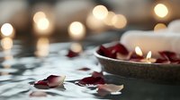 Red rose petals scattered near ceramic bowl with floating candles creating romantic ambiance, soft bokeh lights in background for spa and wellness setting.
