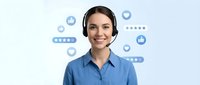 Smiling female customer service representative wearing headset with floating rating stars and feedback icons for business support and satisfaction.