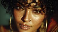 Close-up portrait of young mixed-race woman with curly hair and golden makeup highlighting freckled skin in warm lighting for beauty and fashion concepts.