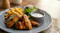 Grilled chicken wings with golden french fries and fresh herbs on gray plate, served with creamy dipping sauce for restaurant menu and food photography.