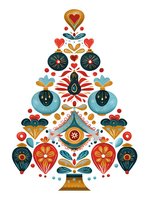 Folk art Christmas tree composed of colorful ornaments, hearts, flowers, and decorative elements in a symmetrical arrangement on white background.