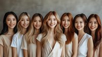 Group of young Asian women with diverse hair colors and styles wearing neutral beige and white outfits smiling at camera against textured wall background.