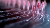Digital human figures walking on circuit board with glowing pink light effects representing technology advancement and artificial intelligence concepts.