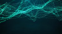 Abstract digital network waves with glowing cyan particles and connecting lines on dark background for technology and data visualization concepts.