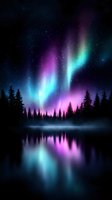 Vibrant aurora borealis dancing over silhouetted pine forest reflected in calm lake waters, with starry night sky in purple, turquoise and blue colors creating magical atmosphere.