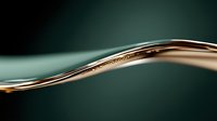 Elegant smooth copper metallic wave flowing against dark green background, luxury abstract design element for modern minimalist compositions and backgrounds.