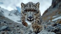 Snow leopard close-up portrait in natural mountain habitat showing intense gaze and distinctive facial features against rocky terrain and snowy peaks background.