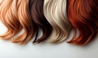 Curled strands of synthetic hair in natural shades from strawberry blonde to dark brown and platinum blonde arranged in waves on white background. Perfect for beauty salon.