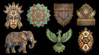 Tribal mask with feathered headdress, ornamental mandalas, decorative banners, and elephant with geometric patterns isolated on transparent background. Ready for t-shirts, clipart, stickers, and print-on-demand designs.