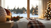 Cozy winter morning with lit candle, plaid blanket and Christmas lights creating warm bokeh effect against snowy window view, festive home atmosphere.