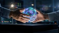 Business professionals sharing holographic brain with digital neural networks representing artificial intelligence collaboration and innovation in modern technology.