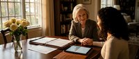 Professional mature Caucasian businesswoman in gray suit consulting with younger Hispanic female client across wooden desk in elegant office setting.