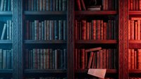 Library bookshelf with vintage books in blue and red lighting creating dramatic contrast for academic research and literary education concepts.
