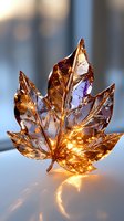 Crystal maple leaf with golden amber hues catching sunlight, creating magical light reflections and prismatic effects against soft blurred background.
