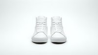 Pair of white high-top leather sneakers on light background, front view. Classic casual footwear for fashion, sport, and lifestyle concepts.