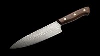 Damascus steel chef knife with wood handle, isolated on transparent background. Ready for kitchen, culinary clipart, stickers, t-shirt design, and print on demand use.