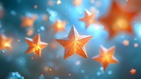 Glowing orange stars floating on blurred blue background with bokeh lights and sparkles, creating magical festive atmosphere for holiday designs and celebrations.