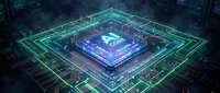 Futuristic AI processor chip with glowing green circuit pathways and blue holographic elements on dark technological background for tech presentations.