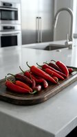 Fresh red chili peppers arranged on wooden cutting board in modern white kitchen with marble countertop for cooking and culinary preparation.