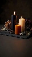 Three burning candles in black, white and orange arranged on slate board with autumn decorations including pine cones, eucalyptus and dried flowers against dark background.
