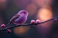 Purple finch perched on branch with pink spring buds against blurred bokeh background at sunset, creating dreamy nature atmosphere for wildlife photography.