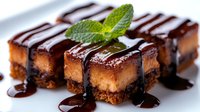 Decadent chocolate drizzled cheesecake bars with fresh mint garnish on white plate, rich dessert squares with graham cracker crust for bakery menu designs.