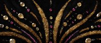 Decorative pattern with golden glitter lines and pink rhinestones on black background, creating elegant abstract firework design for festive decoration.