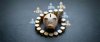 Piggy bank surrounded by stacked coins with floating percentage symbols representing financial growth, savings, investment returns, and wealth accumulation for business concepts.