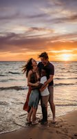 Happy mixed-race family with young child embracing on beach during golden hour sunset, waves gently washing shore, warm orange and purple sky creating romantic atmosphere.