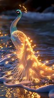 Magical glowing peacock with luminous feathers standing in water, creating a stunning display of light against dark background.