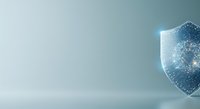 Digital shield with particle effect on blue gradient background, representing cybersecurity, data protection, and network security for technology and business applications.